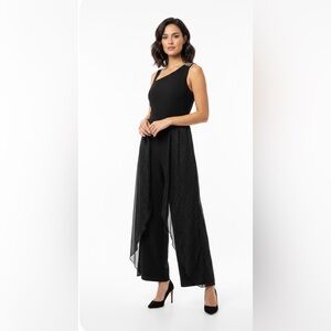 Alexa B Nites Black 1 Shoulder Jumpsuit Sz6 Beaded Strap Sheer Metallic Overlay